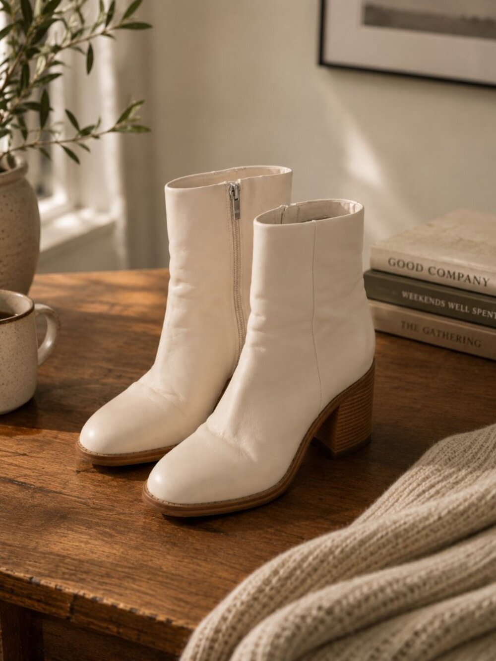 Marc Fisher Cream Leather Ankle Booties with Side Zip